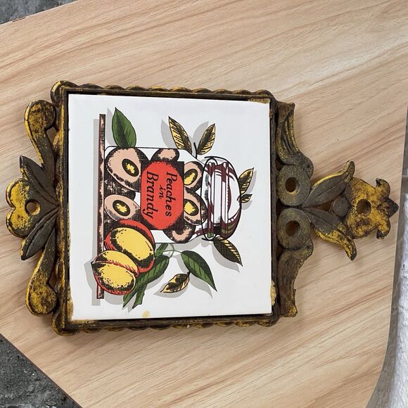 VTG Cast Iron Ceramic Tile Footed Trivet PEACHES in Brandy Rustic MCM Farmhouse - Picture 8 of 13